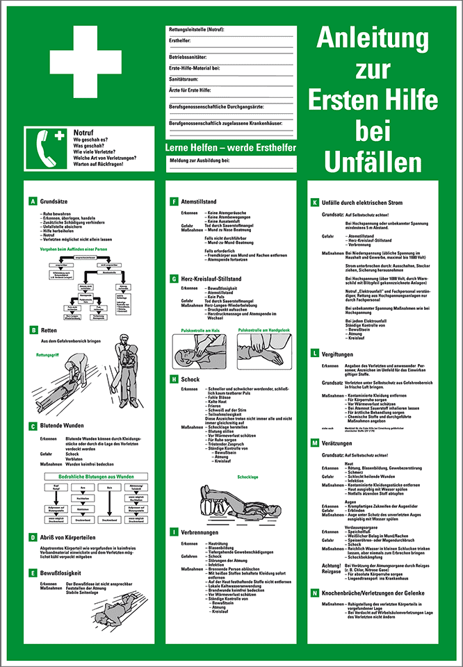 Anleitung zur Ersten Hilfe bei Unfällen, Kunststoff, grün, 58 x 40 cm