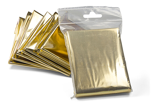 Rettungsfoliendecke 210 x 160 cm - Gold/Silber Polyesterfolie Rettungsfoliendecke 210 x 160 cm - Gold/Silber Polyesterfolie