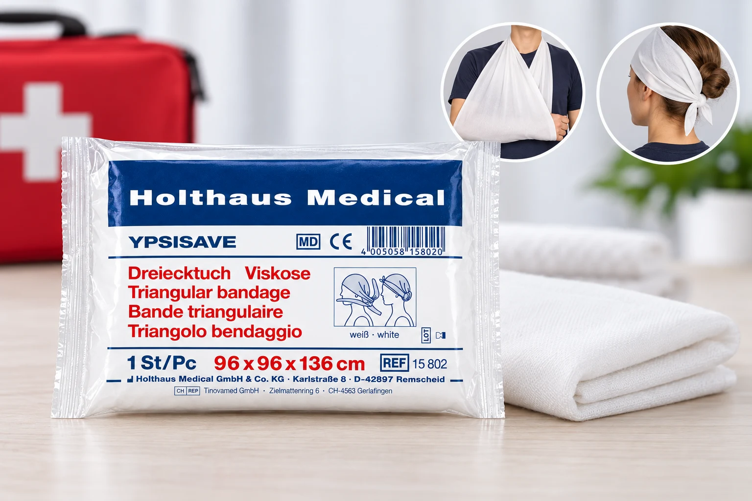 YPSISAVE Dreiecktuch in Verpackung mit Darstellungen als Armschlinge und Kopftuch