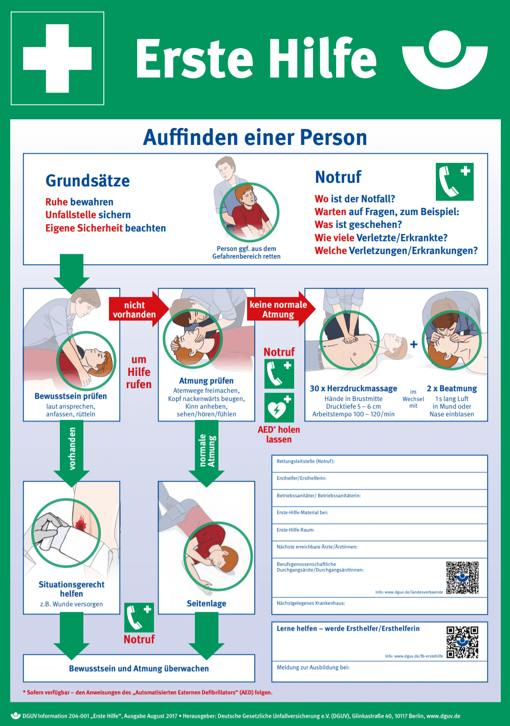 Anleitung zur Ersten Hilfe bei Unfällen, Kunststoff, grün, 56 x 40 cm