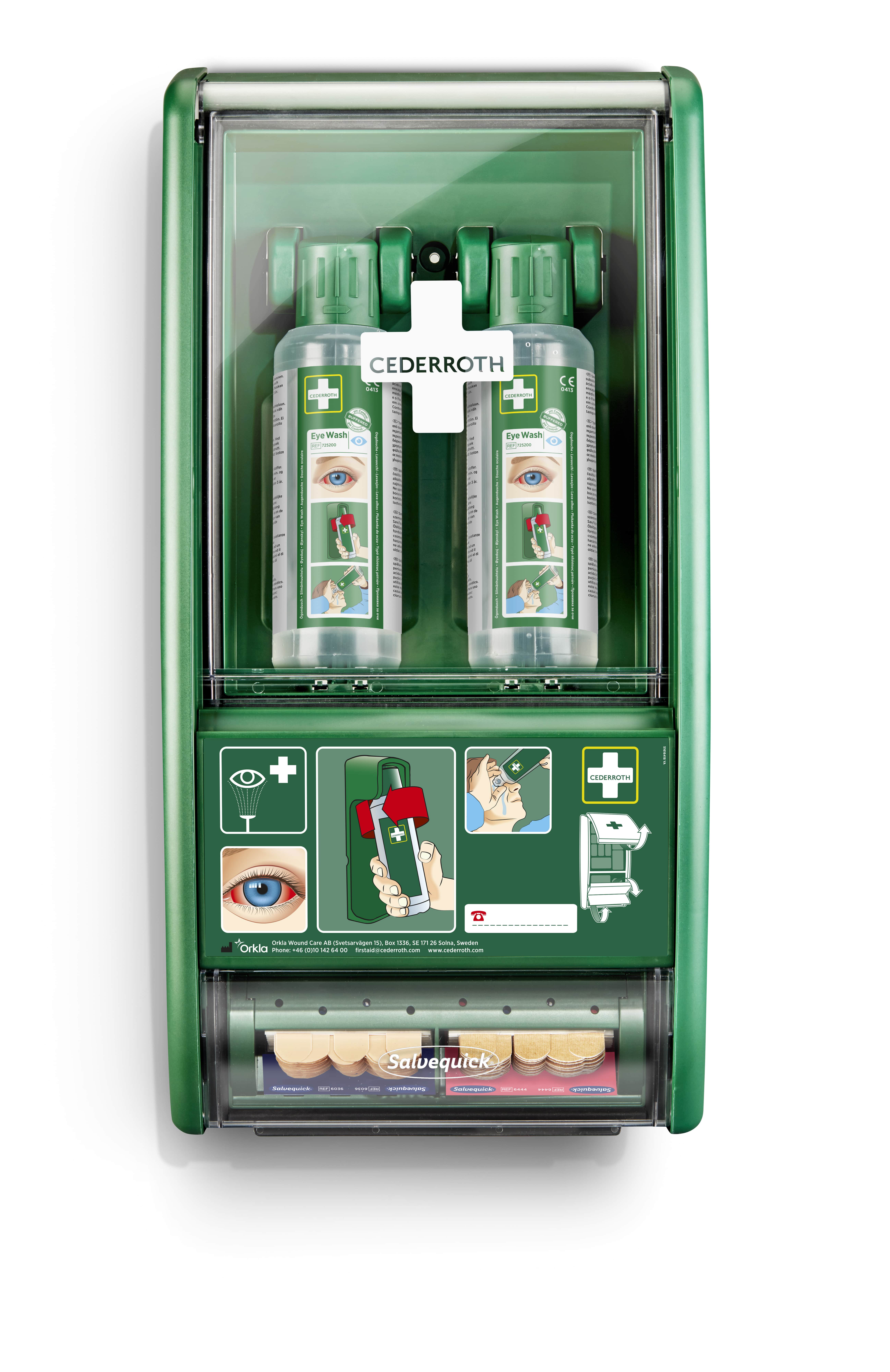 Cederroth Augenspülstation inkl. 2 x 500 ml Augenspüllösung und Pflasterspender Cederroth Augenspülstation inkl. 2 x 500 ml Augenspüllösung und Pflasterspender