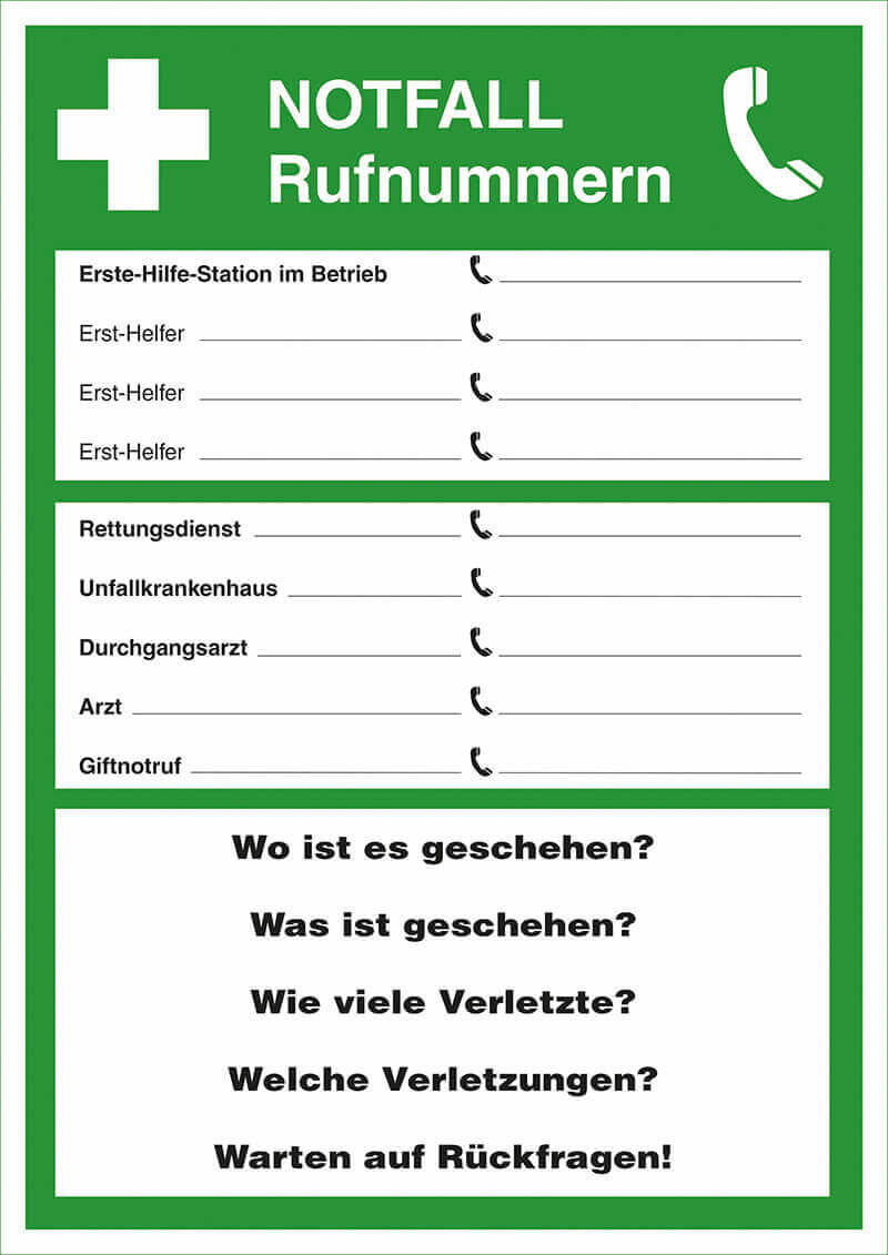 Rettungszeichen, Aushang Notfall-Rufnummern, Kunststoff, 30 x 20 cm Rettungszeichen, Aushang Notfall-Rufnummern, Kunststoff, 30 x 20 cm